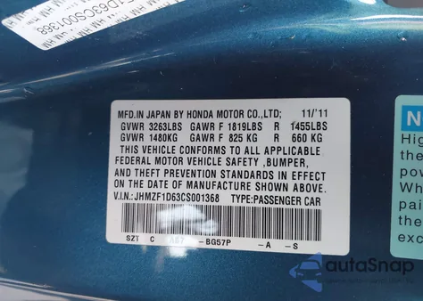 2012 Honda Cr-Z Ex z USA, uszkodzony, nr VIN JHMZF1D6JCD002368